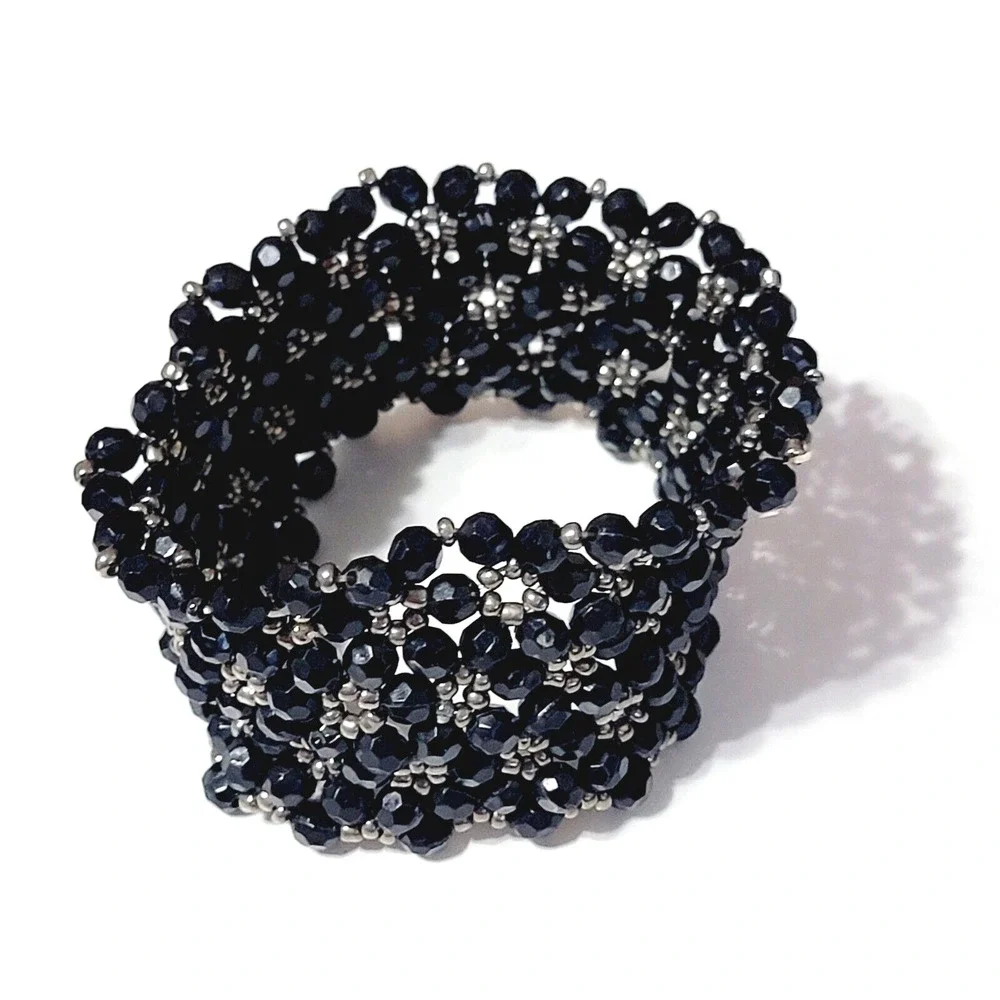 Vintage‎ Beaded Black Bracelet Stretchy, Wide Boho Floral Design Lucite sbr-11